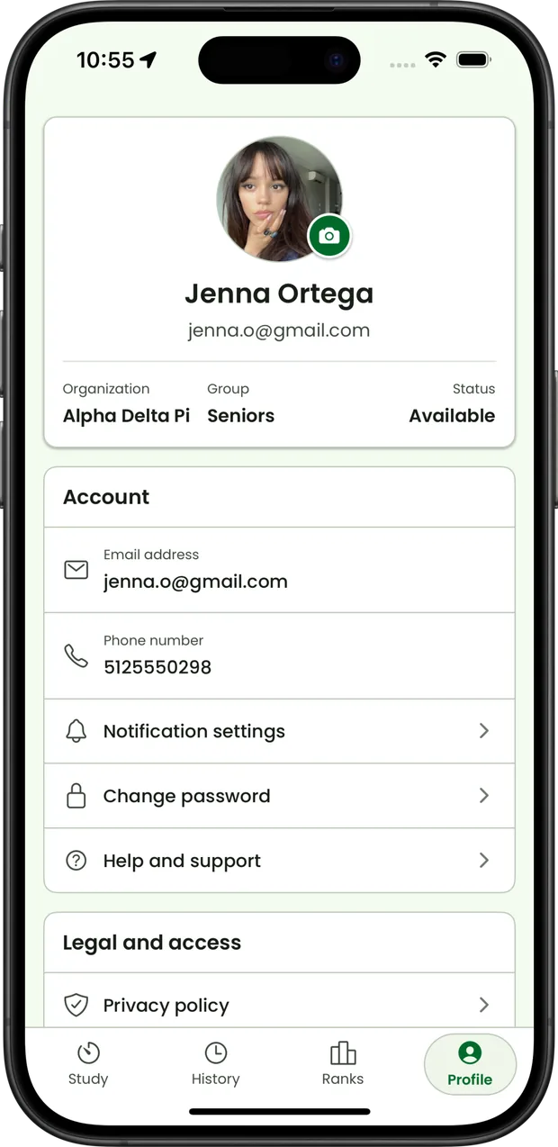 GreekGeek member profile and organization access screen