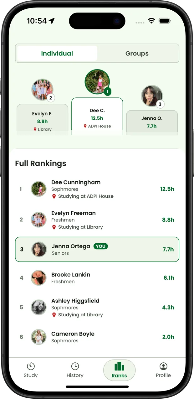 GreekGeek member rankings screen with chapter leaderboard and study hours