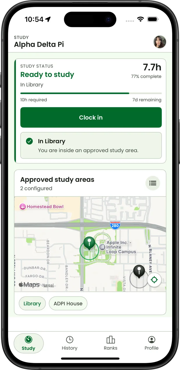 GreekGeek member study status, approved area map, and clock-in screen