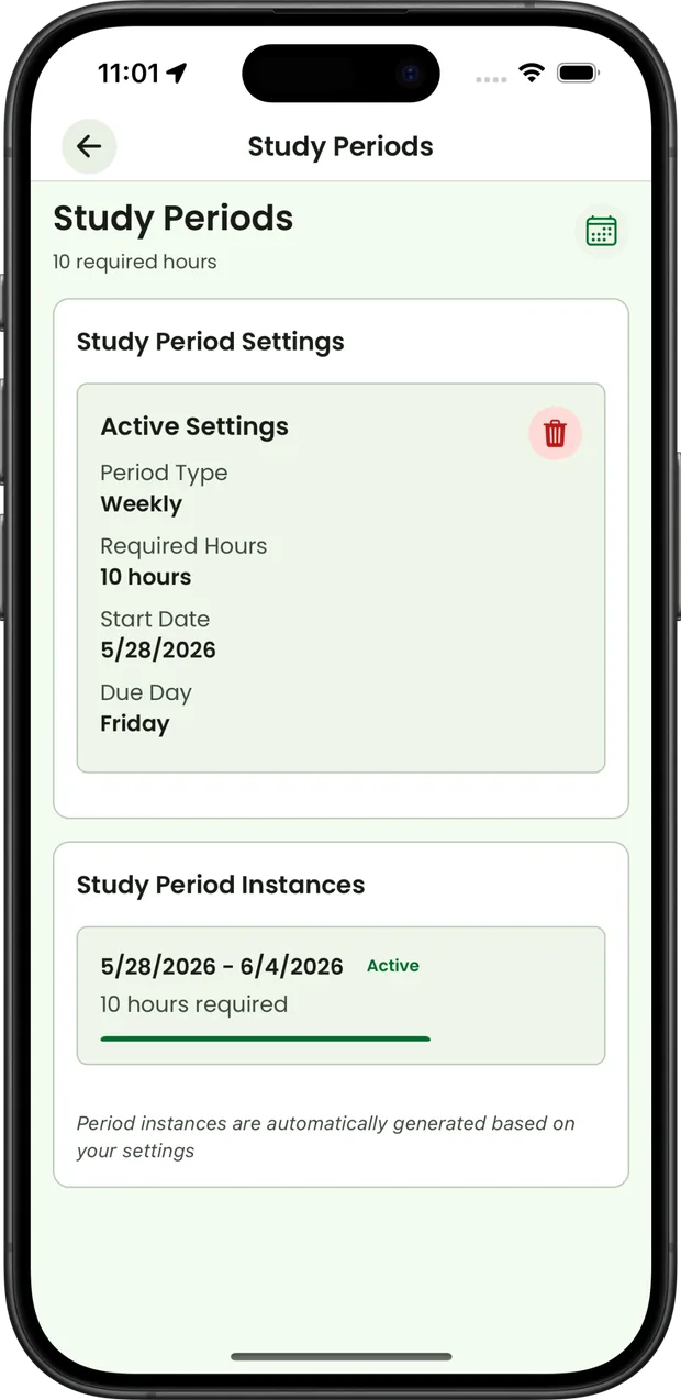 Admin study period setup screen